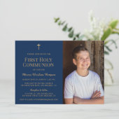 ネイビーブルー金ゴールドクロス第1聖餐式の写真 招待状 (スタンド正面)