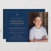 ネイビーブルー金ゴールドクロス第1聖餐式の写真 招待状 (正面/裏面)