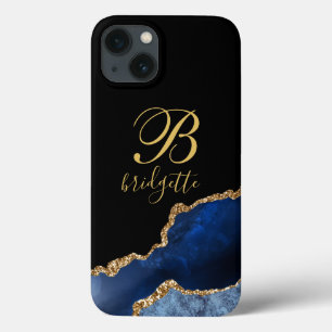 ネイビーブルー金ゴールドグリッターアゲートモノグラム iPhone 13ケース