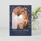 ネイビーブルー金ゴールドグリッターアーチドームフォト結婚ズ セーブザデート (スタンド正面)