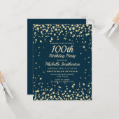 ネイビーブルー金ゴールドグリッターウィメンズ100誕生日 カード (正面/裏面インサイチュ)