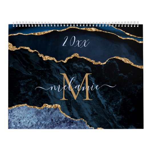 ネイビーブルー金ゴールドグリッターカスタムレター名カレンダー カレンダー (カバー)