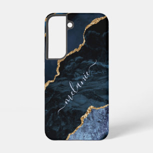 ネイビーブルー金ゴールドグリッターカスタム大理石あなたの名前 SAMSUNG GALAXY S22ケース