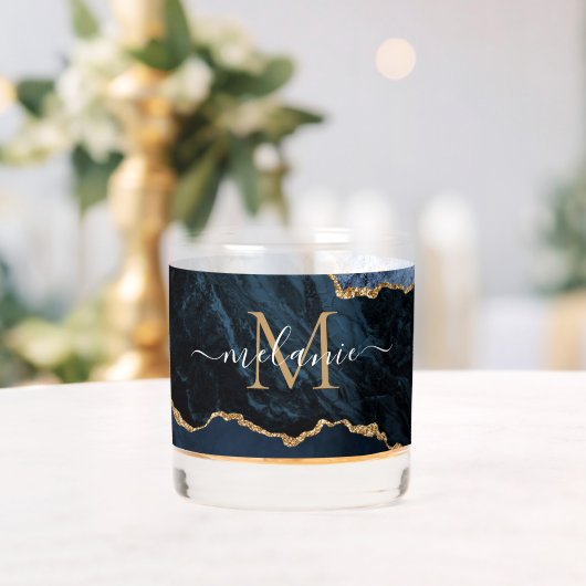 ネイビーブルー金ゴールドグリッターカスタム大理石レター名 ウイスキーグラス (インサイチュ (ウェディング))