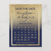 ネイビーブルー金ゴールドグリッターカレンダー日付の保存 案内ポストカード (正面)