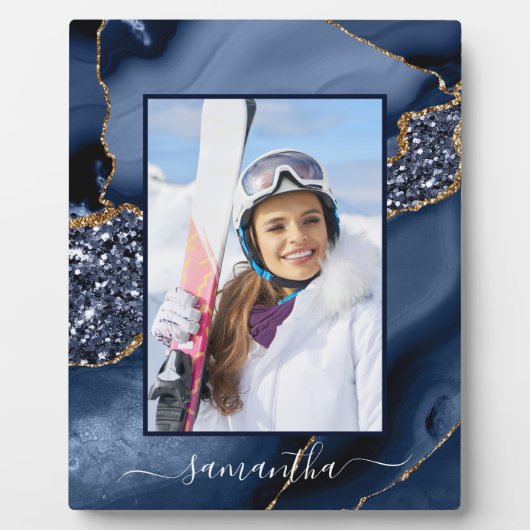 ネイビーブルー金ゴールドグリッターゲート名エレガント写真 フォトプラーク (正面)