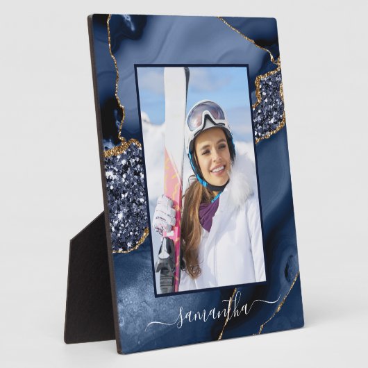 ネイビーブルー金ゴールドグリッターゲート名エレガント写真 フォトプラーク (側面)