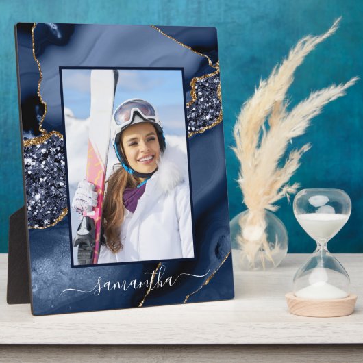 ネイビーブルー金ゴールドグリッターゲート名エレガント写真 フォトプラーク (側面)