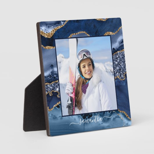 ネイビーブルー金ゴールドグリッターゲート名エレガント写真 フォトプラーク (正面)