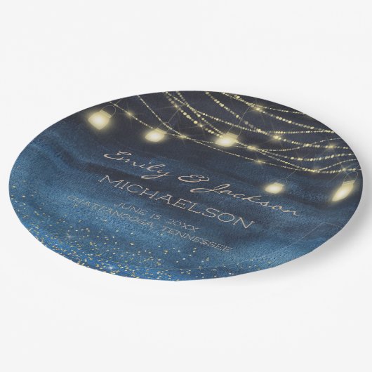 ネイビーブルー金ゴールドグリッターストリングラ結婚イト ペーパープレート (アングル)