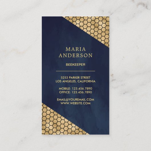 ネイビーブルー金ゴールドグリッターハニービーキーパー 名刺 (裏面)