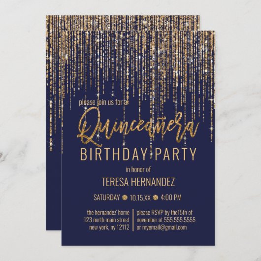 ネイビーブルー金ゴールドグリッターフリンジカーテンキンセアニラ 招待状 (正面/裏面)