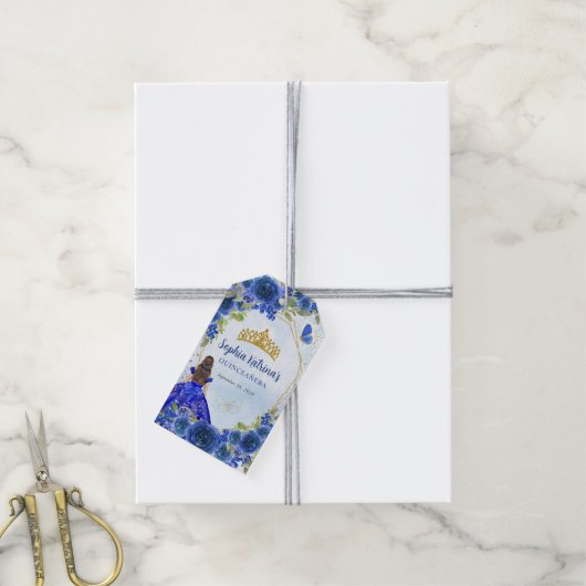 ネイビーブルー金ゴールドグリッターフローラプリンセスティアラフェイブ ギフトタグ (より糸付き)