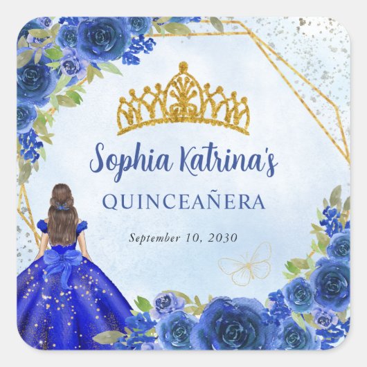 ネイビーブルー金ゴールドグリッターフローラプリンセスティアラフェイブ スクエアシール (正面)