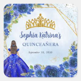 ネイビーブルー金ゴールドグリッターフローラプリンセスティアラフェイブ スクエアシール