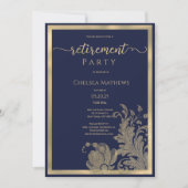 ネイビーブルー金ゴールドグリッターフローラ退職パーティー 招待状 (正面)