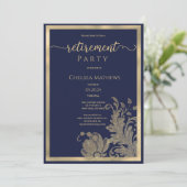 ネイビーブルー金ゴールドグリッターフローラ退職パーティー 招待状 (スタンド正面)