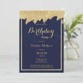 ネイビーブルー金ゴールドグリッターブラシストローク誕生日パーティー 招待状 (スタンド正面)