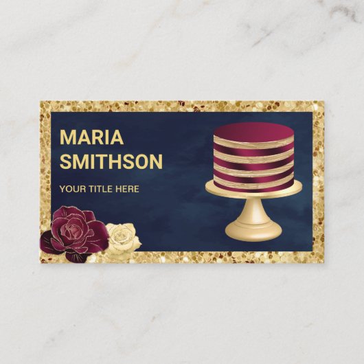 ネイビーブルー金ゴールドグリッターブルゴーニュストライプーケーキベーカリー 名刺 (正面)