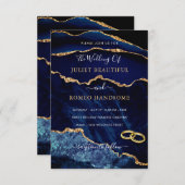 ネイビーブルー金ゴールドグリッターマーブル結婚式招待状 招待状 (正面/裏面)