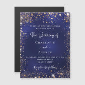 ネイビーブルー金ゴールドグリッターラグジュアリー結婚ズ マグネット招待状 (正面/裏面)