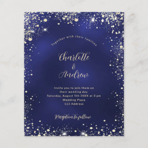 ネイビーブルー金ゴールドグリッター予算結婚式招待状 チラシ
