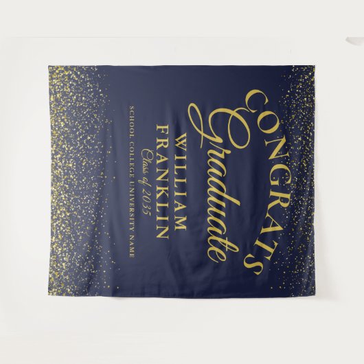 ネイビーブルー金ゴールドグリッター卒業写真の背景 タペストリー (正面(横))