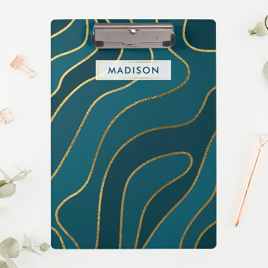 ネイビーブルー金ゴールドグリッター抽象芸術ラインパーソナライズされた クリップボード