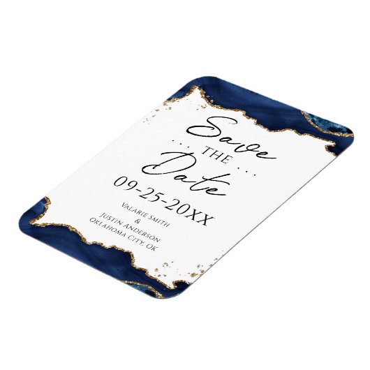 ネイビーブルー金ゴールドグリッター日付を結婚保存 マグネット (左側)