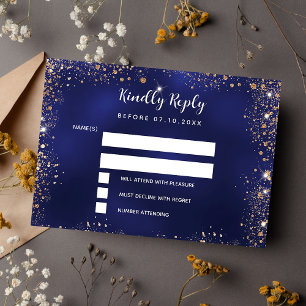 ネイビーブルー金ゴールドグリッター結婚式RSVP ノートカード