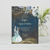 ネイビーブルー金ゴールドグリッター結婚披露宴 招待状 (スタンド正面)