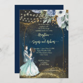 ネイビーブルー金ゴールドグリッター結婚披露宴 招待状 (正面/裏面)