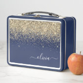ネイビーブルー金ゴールドグリッター金属ガーリーモノグラム名 メタルランチボックス (インサイチュ)
