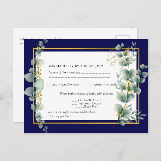 ネイビーブルー金ゴールドグリーナリーユーカリプトゥスウェディングRSVP ポストカード (正面/裏面)