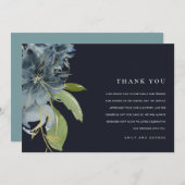 ネイビーブルー金ゴールドグリーンフローラ水色結婚ズ サンキューカード (正面/裏面)