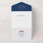 ネイビーブルー金ゴールドグリーンリーウォーター色結婚フローラ オールインワン招待状 (外側)