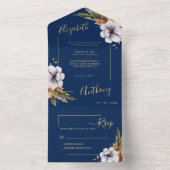 ネイビーブルー金ゴールドグリーンリーウォーター色結婚フローラ オールインワン招待状 (内側)