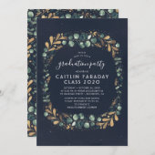 ネイビーブルー金ゴールドグリーンヴィンテージ卒業会 招待状 (正面/裏面)