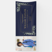 ネイビーブルー金ゴールドグリーン卒業写真おめでとう 横断幕 (縦)