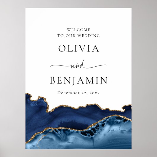ネイビーブルー金ゴールドゲート結婚ゲードのウェルカムサイン ポスター (正面)