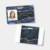 ネイビーブルー金ゴールドゲートGeodeビジネスフォト バッジ (正面＆裏面)