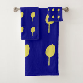 ネイビーブルー金ゴールドゴールデンイエローフローラチューリップパターン バスタオルセット