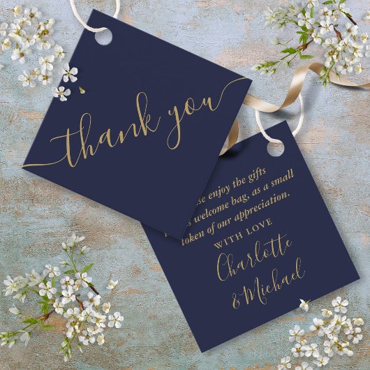 ネイビーブルー金ゴールドサンキュー結婚のギフトバスケットバッグ フェイバータグ