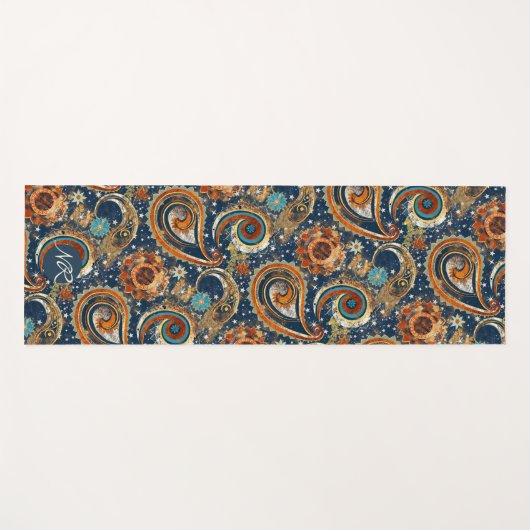 ネイビーブルー金ゴールドシナペイズリーパターンモノグラム ヨガマット (正面(横))