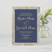 ネイビーブルー金ゴールドシルバーグリッター結婚ズ 招待状 (スタンド正面)