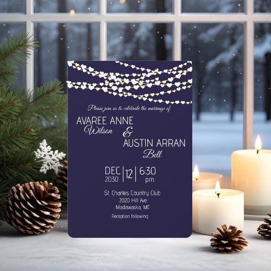 ネイビーブルー金ゴールドシルバーハートストリングライト 招待状