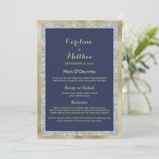 ネイビーブルー金ゴールドシルバー結婚ホログラフィックメニュー メニュー (スタンド正面)