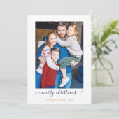 ネイビーブルー金ゴールドシンプルスクリプトMerry Christmas Photo シーズンカード (スタンド正面)