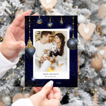 ネイビーブルー金ゴールドジュエルオーナメントフォトホリデーカード