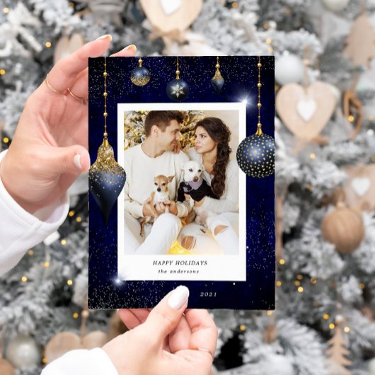 ネイビーブルー金ゴールドジュエルオーナメントフォトホリデーカード シーズンカード